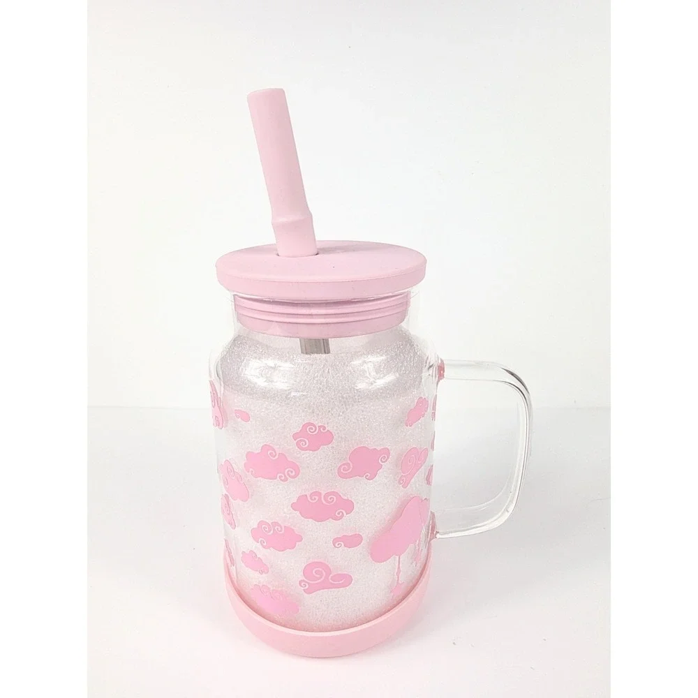 22 oz BPA Free Glass Tumbler w/ Handle Pink Accents Unicorn & Cloud Vinyl Design